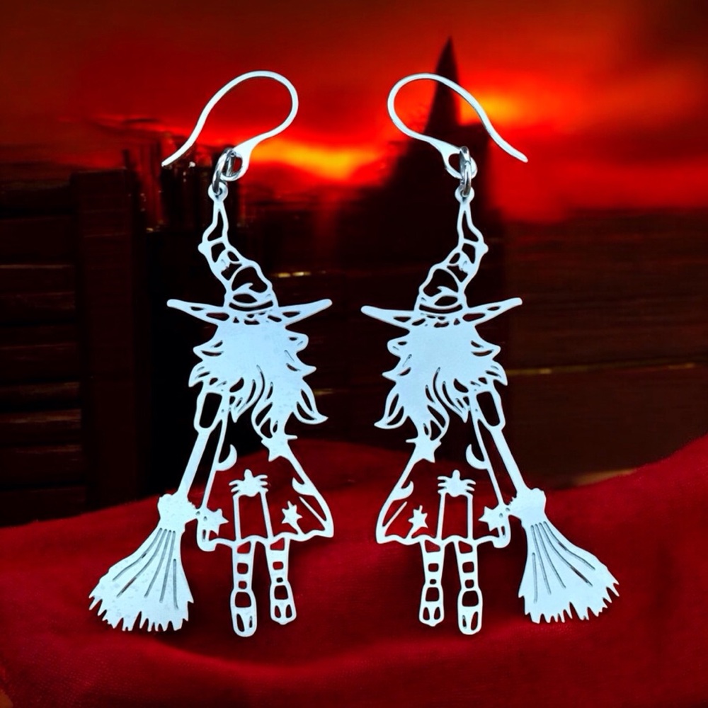 🆕 Witch with Broom Laser Etched Earrings Stainless Steel